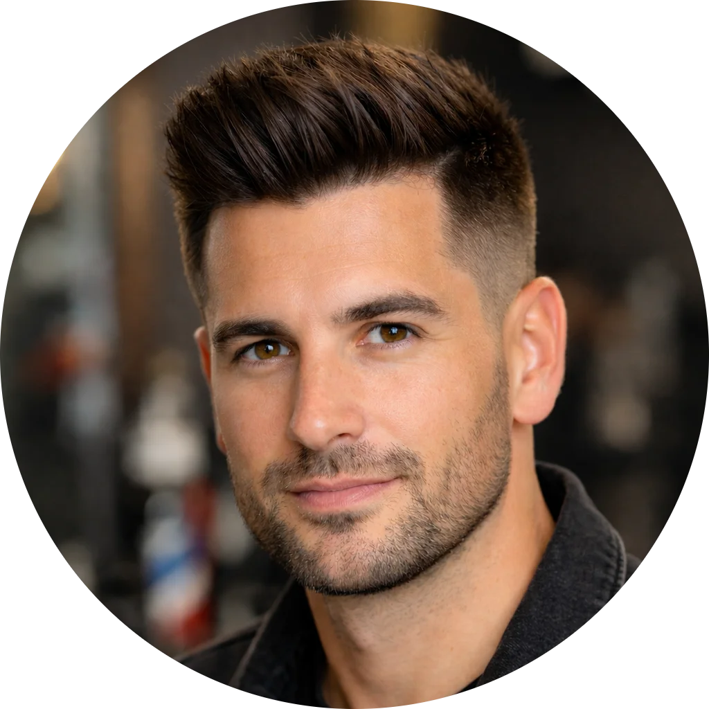 Alex Fade, men’s grooming writer and editor at fadehaircut.blog with a modern high fade haircut in a barbershop setting.