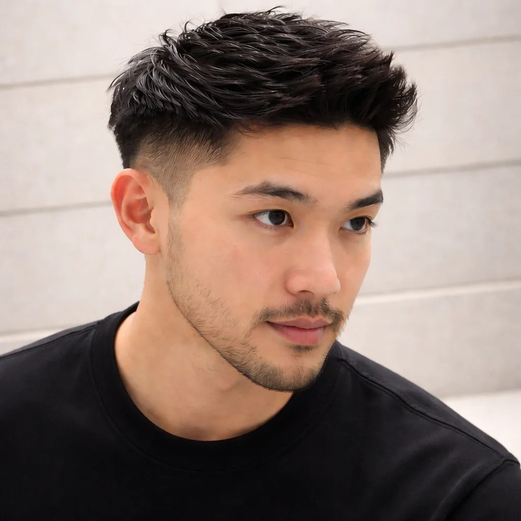 Potongan rambut mid fade bertekstur pada pria Asia dengan sisi pendek dan bagian atas yang ditata, gaya rambut pria modern.
