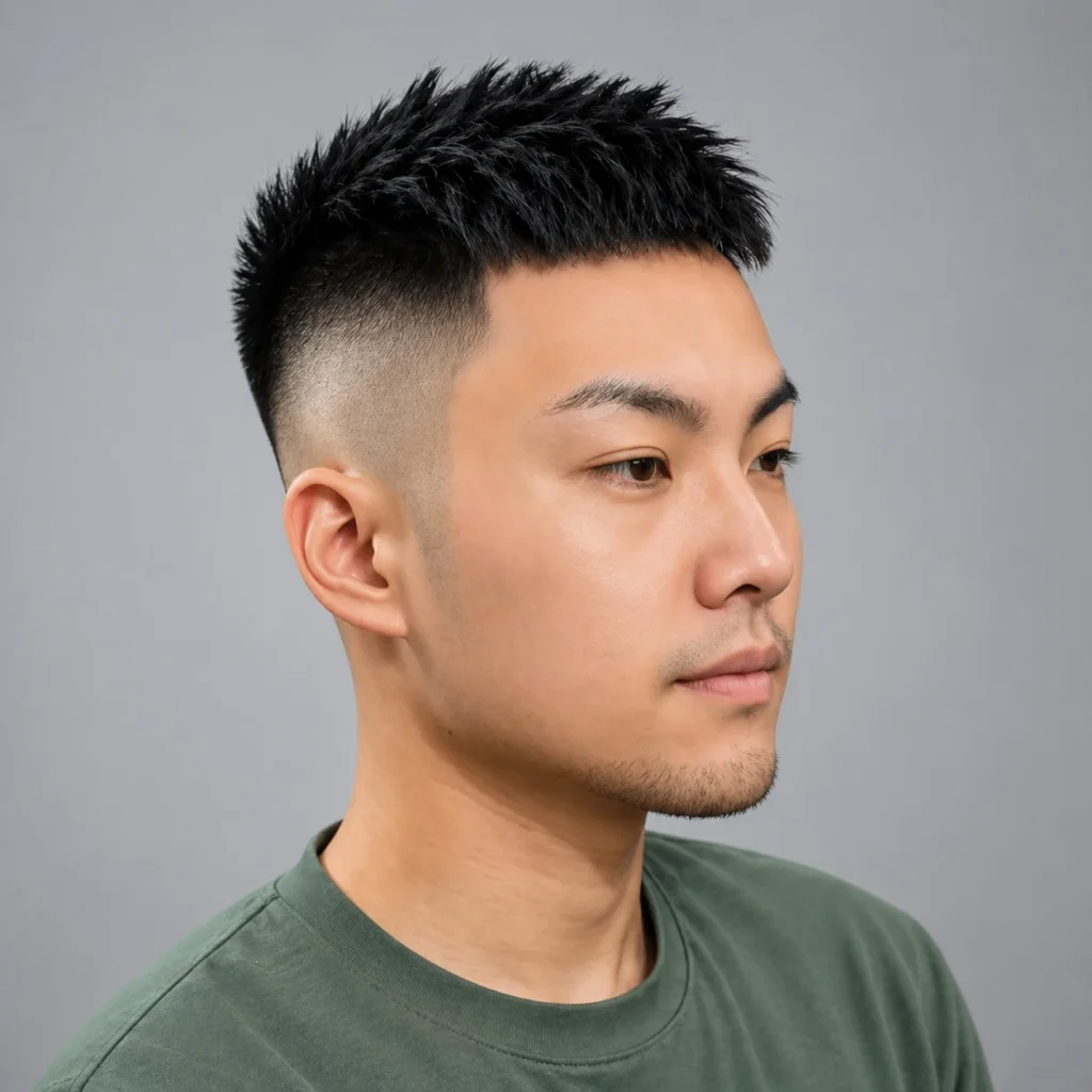Potongan rambut high fade pada pria muda dengan rambut pendek bertekstur, sisi rambut yang rapi dan tampilan natural, potret studio dengan latar belakang netral.