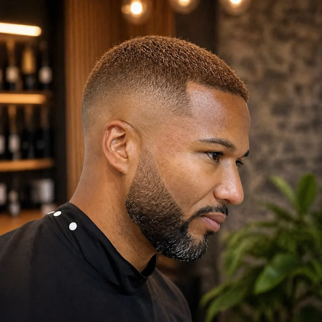 Potongan rambut textured crop dengan low skin fade dan volume alami di bagian atas, tampilan profil samping seorang pria muda dalam setting barbershop modern, inspirasi gaya rambut fade pria yang trendi dan stylish.