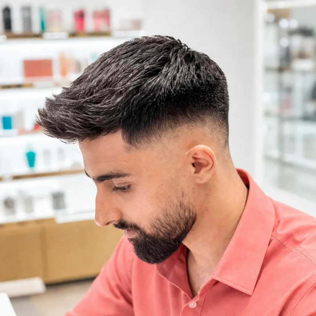 Potongan rambut low fade dengan bagian atas bertekstur dan janggut yang rapi, ditata dengan kemas sambil memakai kemeja warna coral dengan latar belakang cahaya lembut.
