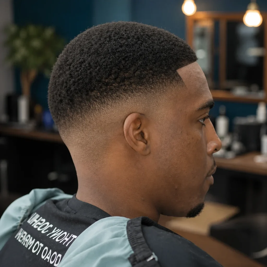 Tampilan profil samping seorang pria dengan potongan rambut low skin fade yang rapi dan rambut keriting pendek bertekstur di bagian atas, dilengkapi garis lineup yang tajam serta transisi fade yang halus, duduk di kursi barbershop—contoh sempurna gaya rambut fade modern.
