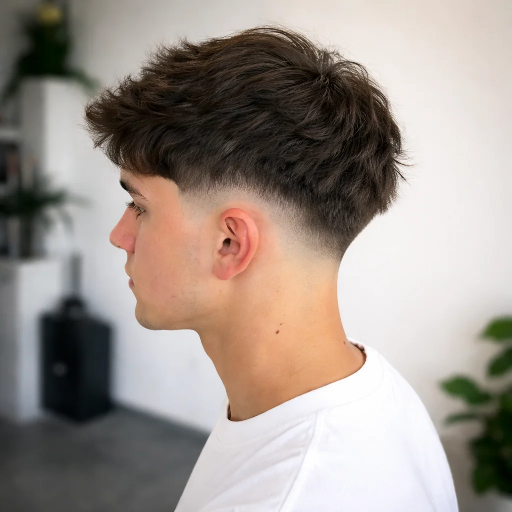 Potongan rambut blowout low fade dengan bahagian atas bertekstur dan taper fade yang kemas di sisi, gaya rambut lelaki moden berkualiti tinggi.
