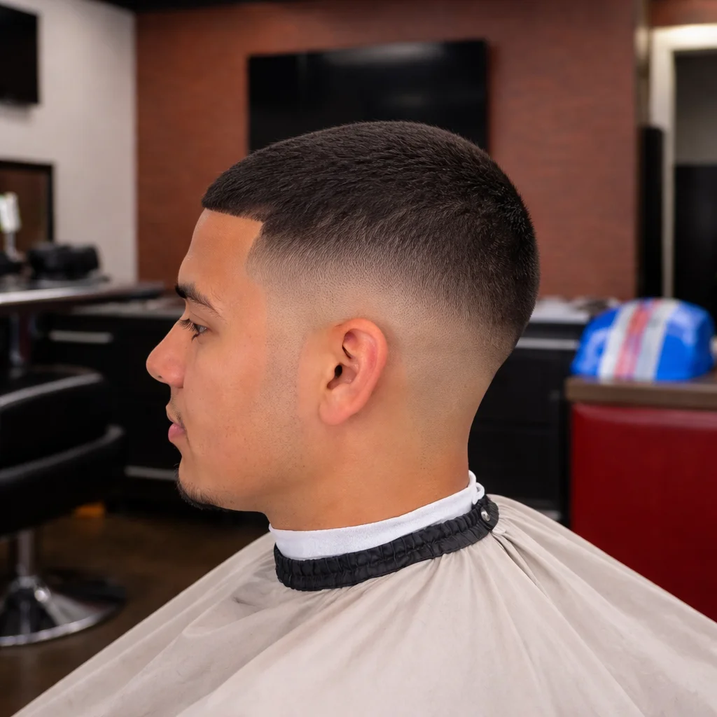Potongan rambut mid fade dengan lineup yang tajam dan skin fade yang halus, bagian atas pendek bertekstur, tampilan profil samping di barbershop yang rapi.
