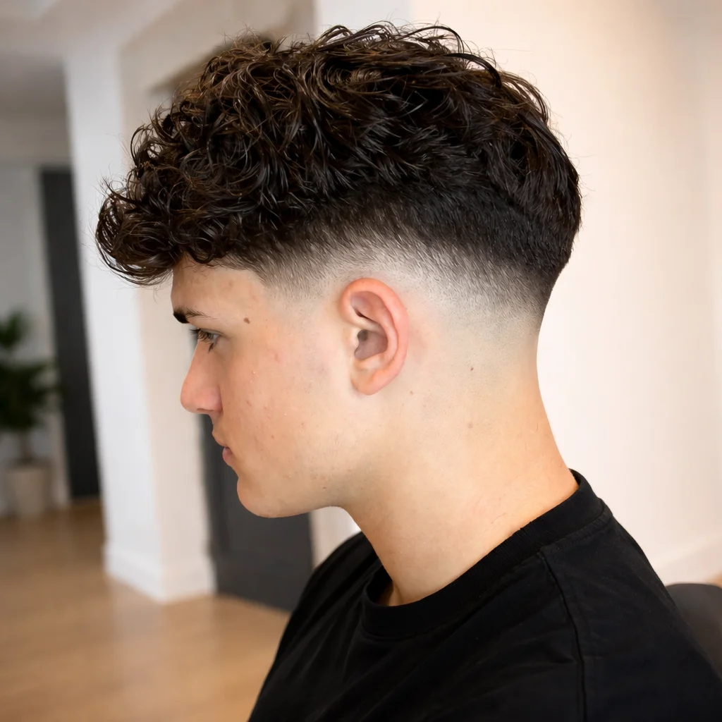 Pandangan sisi seorang lelaki muda dengan potongan rambut curly low fade, skin fade yang kemas dan tajam, keriting bertekstur di bahagian atas, serta gaya rambut moden yang bersih, memakai baju gelap dengan latar dalam ruangan yang lembut.