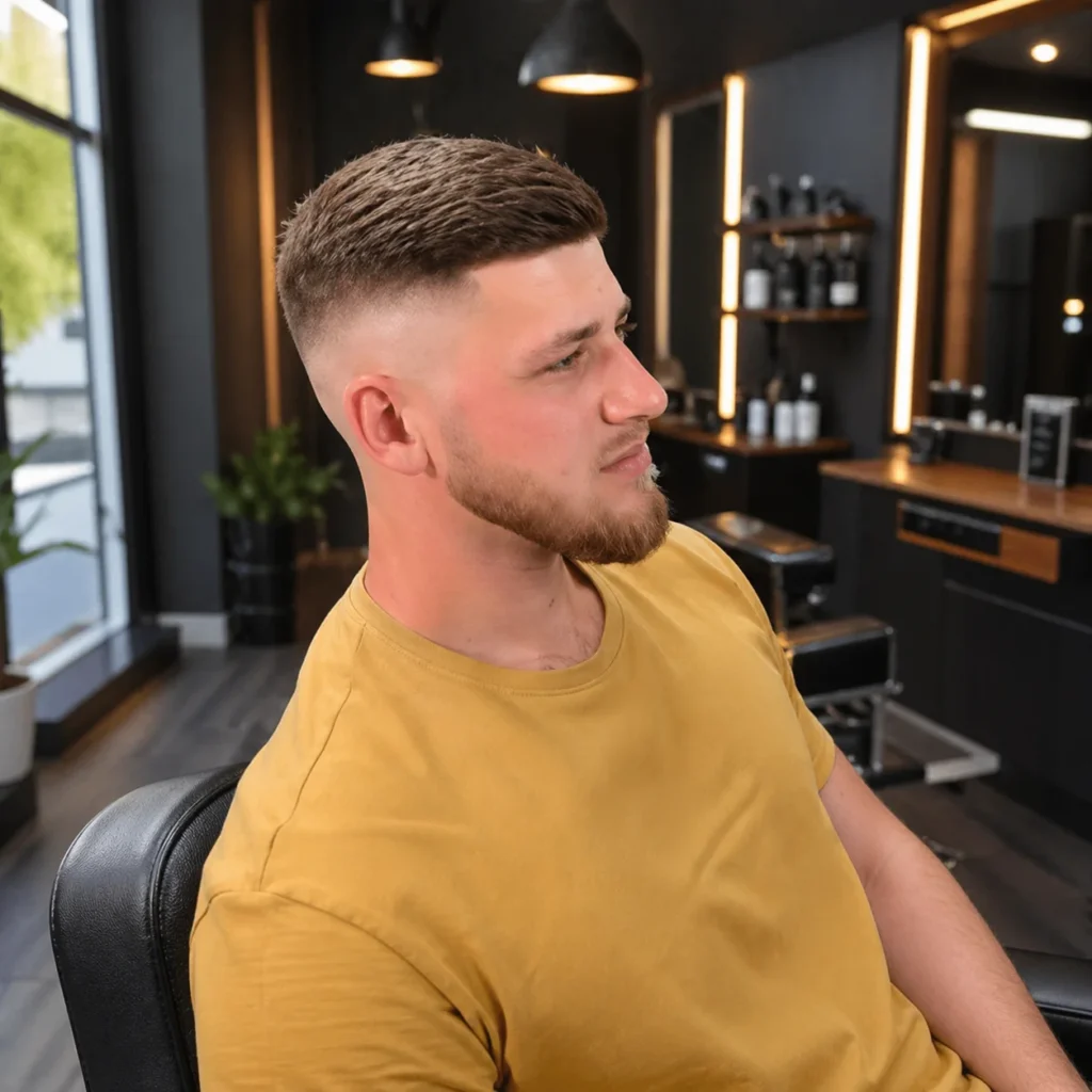 Potongan rambut short high skin fade dengan lineup yang tajam dan janggut yang tegas, tampilan profil samping seorang pria di dalam setting barbershop modern, inspirasi gaya rambut fade pria yang bersih dan stylish.
