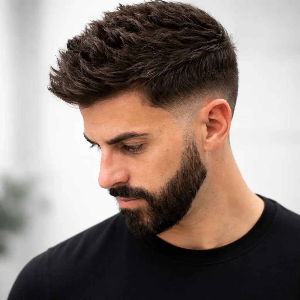 Potret dekat seorang lelaki dengan potongan rambut textured crew cut blowout fade, sisi low fade yang tajam, memakai baju hitam bergaya dengan latar belakang lembut yang bersih, menampilkan trend gaya rambut fade lelaki moden.