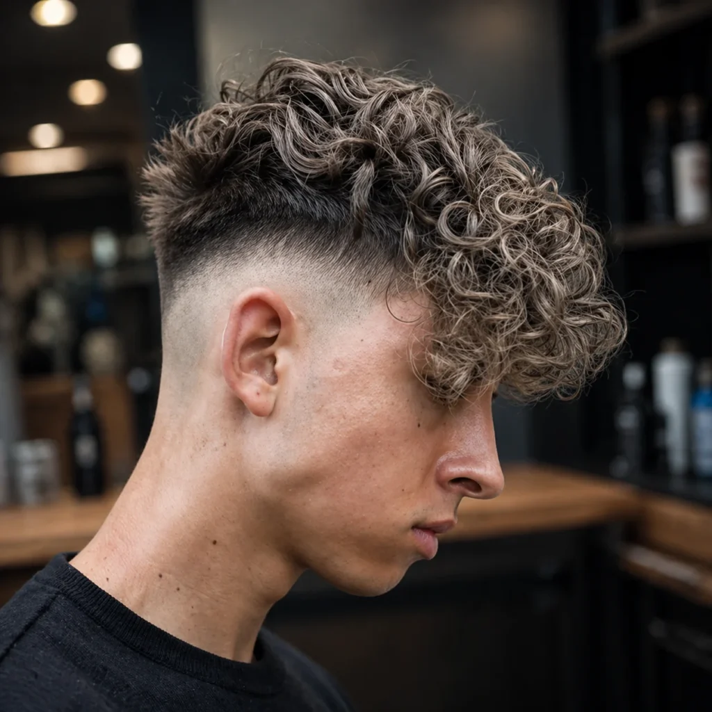 Tampilan profil samping potongan rambut curly top high fade pada pria muda dengan ikal ketat bertekstur dan skin fade yang rapi, gaya rambut pria modern yang stylish dengan blending tajam serta volume di bagian atas – fadehaircut.blog