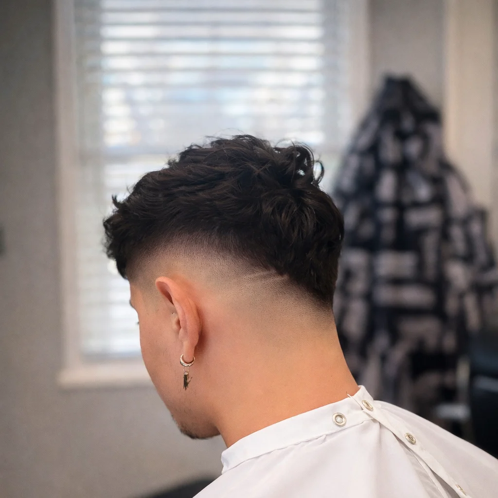 Potongan rambut low skin fade dengan bagian atas keriting bertekstur, taper yang rapi di bagian belakang, tampilan belakang di barbershop modern dengan pencahayaan alami.
