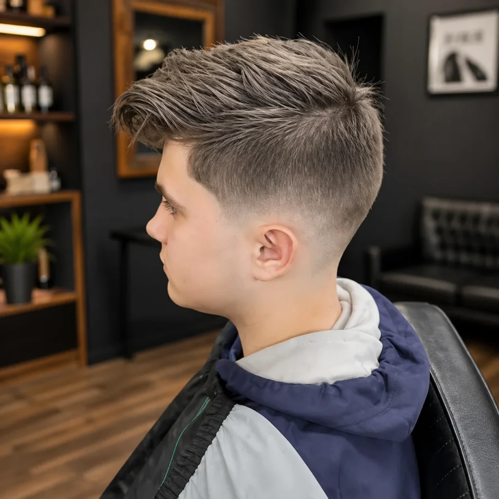 Tampilan profil samping potongan rambut low fade bertekstur pada pria muda dengan skin fade yang rapi dan bagian atas bervolume serta tertata, gaya rambut pria modern dalam setting barbershop profesional – fadehaircut.blog
