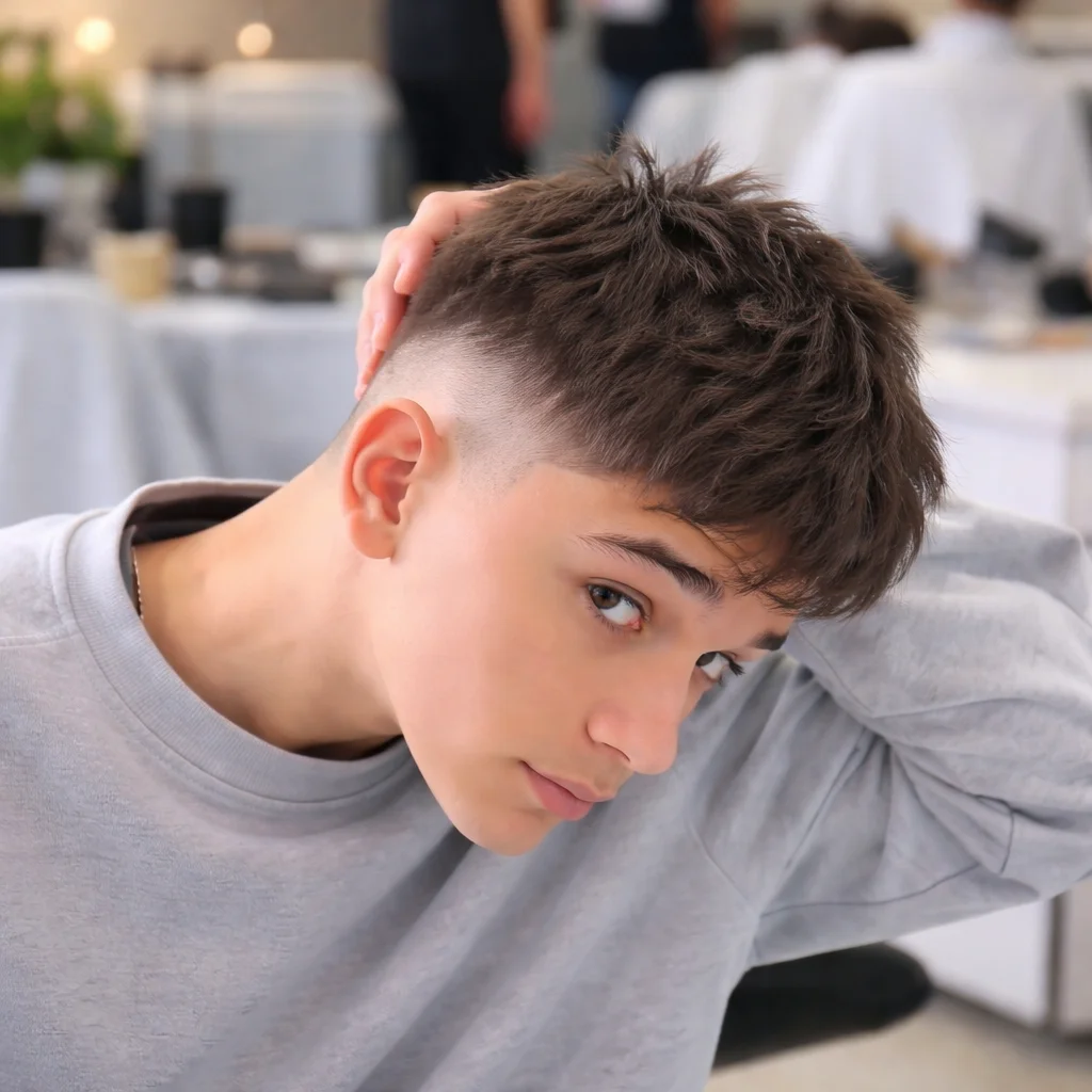 Potongan rambut low fade dengan poni bertekstur dan volume alami, taper yang rapi di sisi, gaya rambut modern untuk pria di barbershop.
