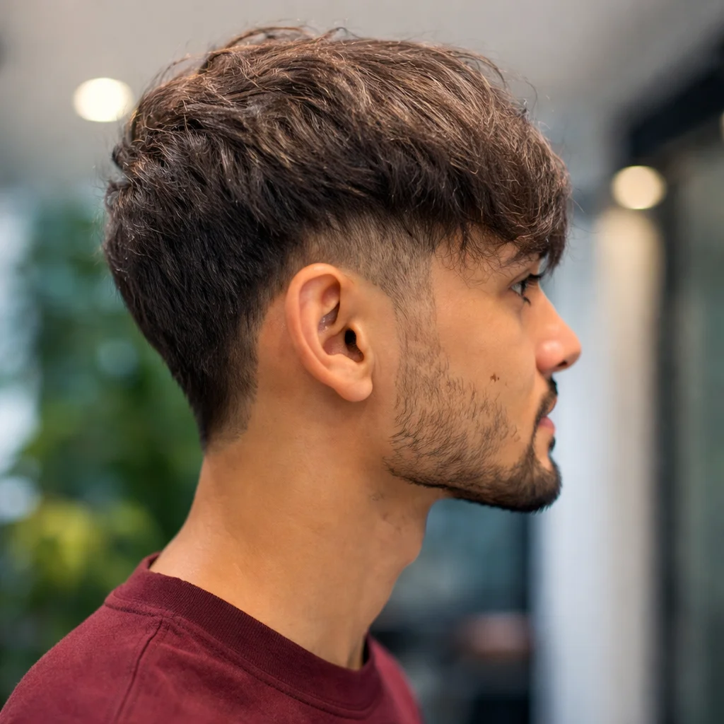Potongan rambut textured crop dengan sisi low fade dan fringe semula jadi, gaya rambut lelaki moden dengan taper yang kemas serta blend janggut.