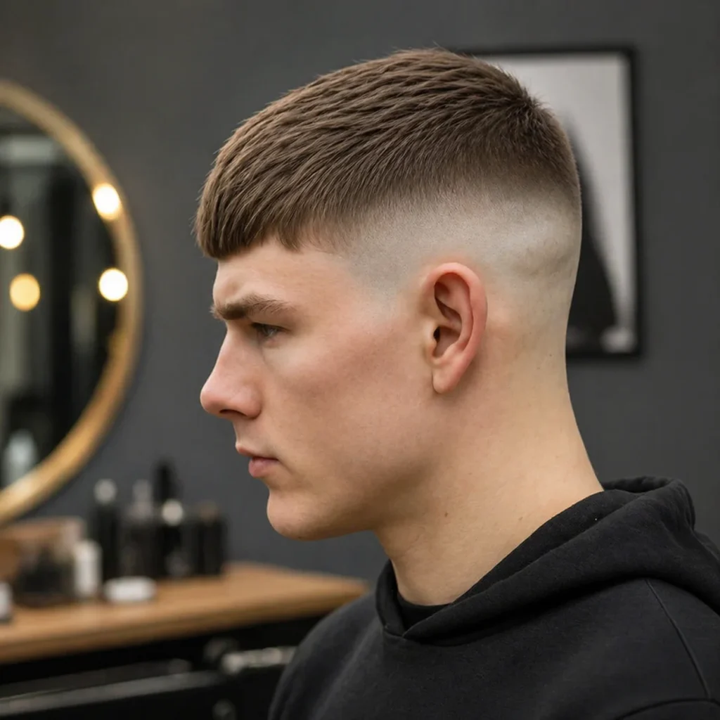Potongan rambut high skin fade rapi dengan poni pendek bertekstur pada pria muda, tampilan samping yang memperlihatkan perpaduan fade yang tajam di dalam barbershop modern.