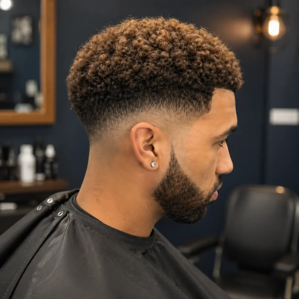 Tampilan profil samping seorang pria muda dengan gaya rambut textured side-swept dan mid fade yang rapi, menampilkan transisi yang halus serta volume alami di bagian atas, duduk di kursi barbershop—contoh sempurna gaya rambut fade modern.