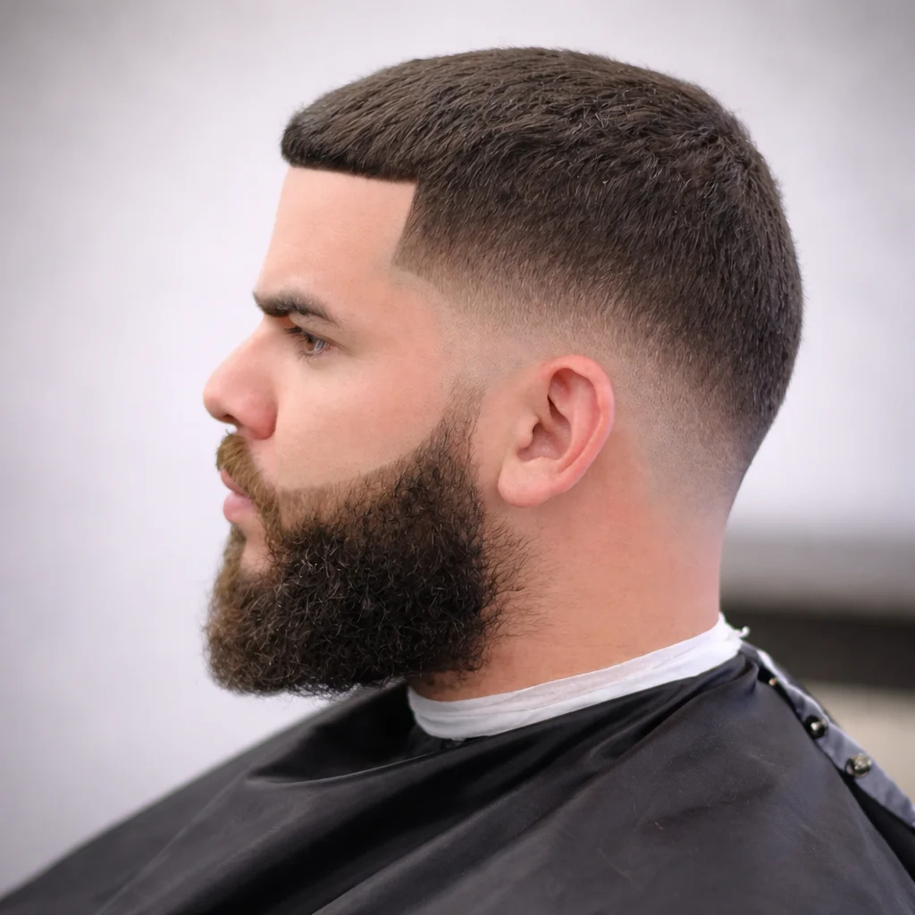 Pandangan sisi seorang lelaki dengan potongan rambut skin fade yang kemas, garis line up yang tajam, dan janggut penuh yang rapi.