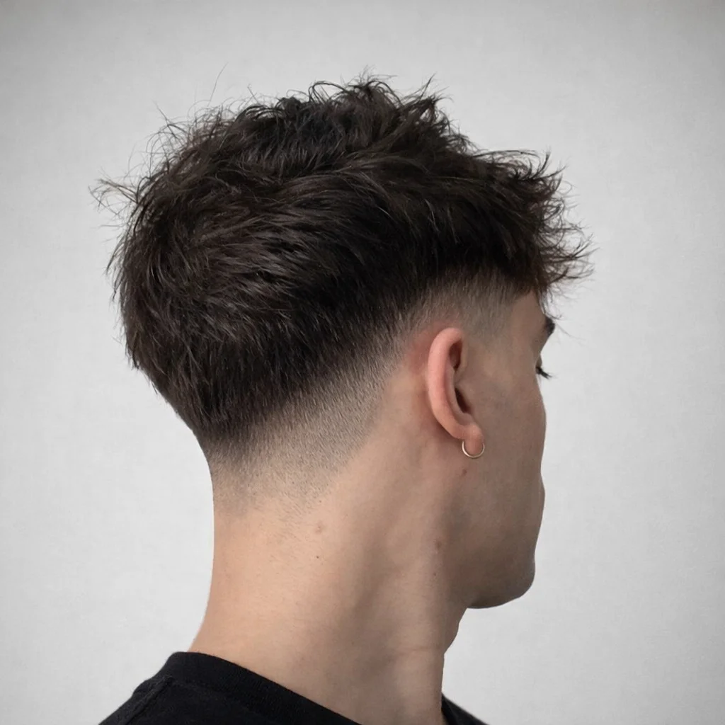 Pandangan sisi seorang lelaki dengan potongan rambut low drop fade, bahagian atas bertekstur, taper yang kemas di sisi dan belakang, gaya rambut lelaki moden.