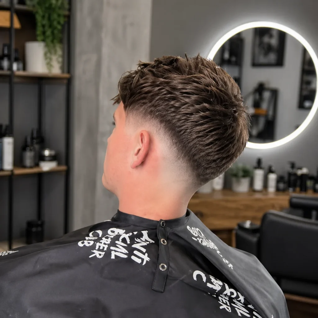 Potongan rambut low skin fade dengan bagian atas bertekstur, tampilan belakang di dalam barbershop modern, taper rapi di sekitar leher dan sisi untuk gaya rambut pria yang segar dan tajam.