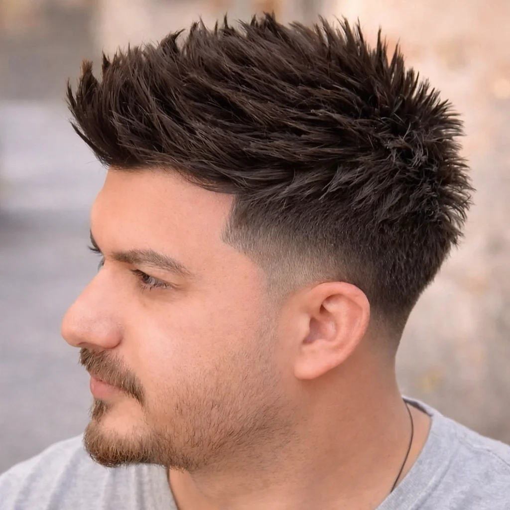 Pandangan sisi seorang lelaki dengan potongan rambut spiky bertekstur dan low fade, menampilkan blending yang tajam serta gaya rambut lelaki moden yang kemas dan semula jadi.