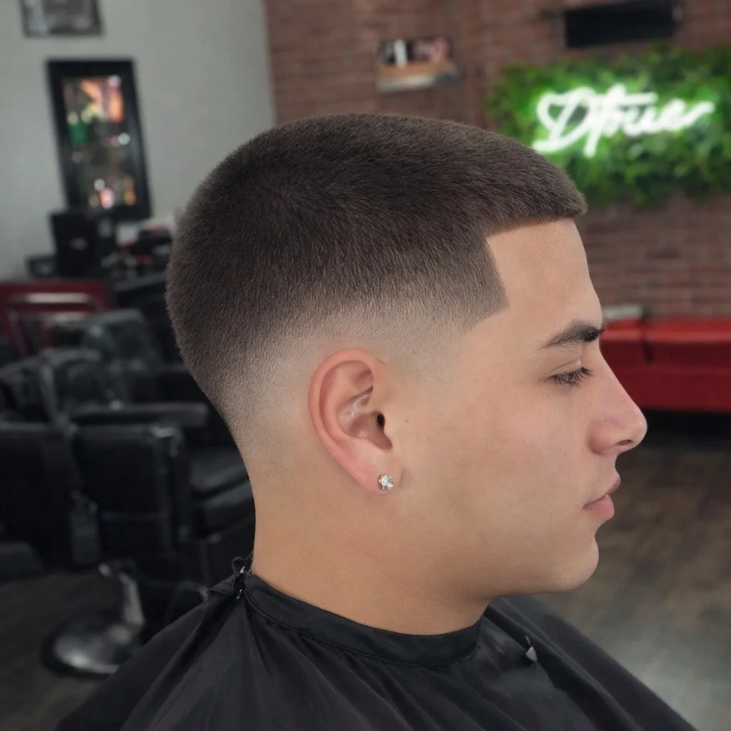 Pandangan sisi seorang lelaki muda dengan potongan rambut buzz cut low fade, menampilkan lineup yang tajam dan sisi yang diblend dengan kemas untuk gaya barbershop moden.
