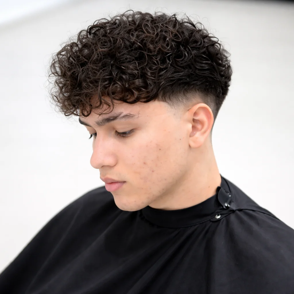 Gambar dekat seorang lelaki muda dengan bahagian atas berkerinting bertekstur dan potongan low fade, menampilkan keriting semula jadi, sisi taper yang kemas, serta gaya rambut fade lelaki moden yang bergaya dengan latar belakang cerah yang lembut.