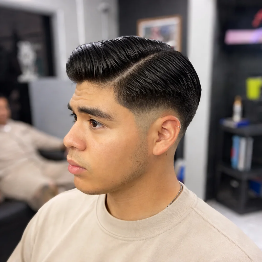 Potongan rambut low fade dengan gaya comb over, belahan sisi yang kemas dan taper yang licin, gaya rambut lelaki moden dalam barbershop.