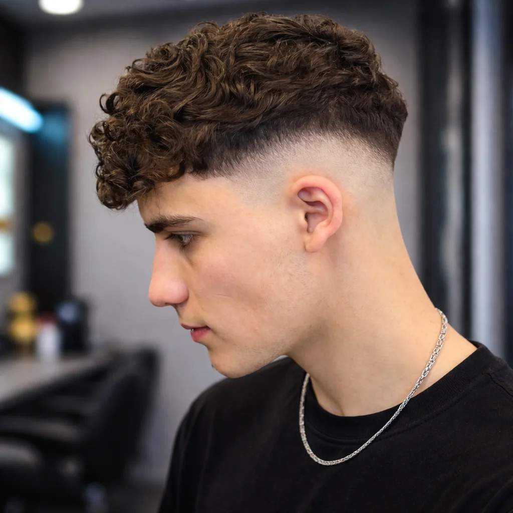 Potongan rambut curly mid fade untuk lelaki dengan sisi skin fade yang kemas dan bahagian atas bertekstur, gaya rambut moden di dalam suasana barbershop yang kontemporari.