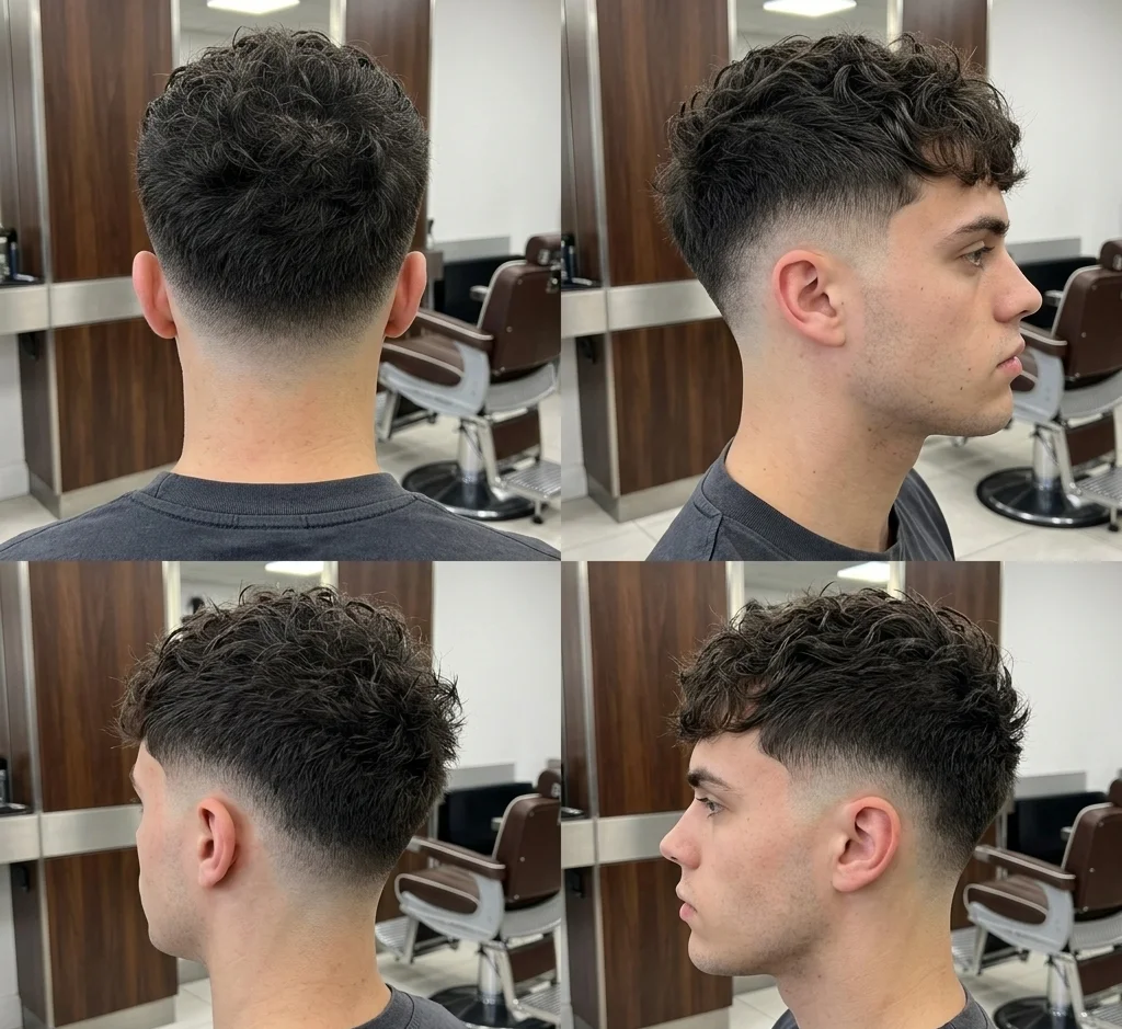 Kolaj 2x2 yang kemas seorang model lelaki muda dengan bahagian atas kerinting gelap bertekstur dan potongan rambut low drop fade yang tajam. Pandangan termasuk: bahagian belakang kepala, profil sisi kanan, sudut belakang tiga suku kiri, dan satu lagi profil sisi kanan. Model memakai t-shirt kelabu gelap yang sama dengan latar belakang resolusi tinggi sebuah barbershop moden yang dilengkapi kerusi kulit dan panel kayu.