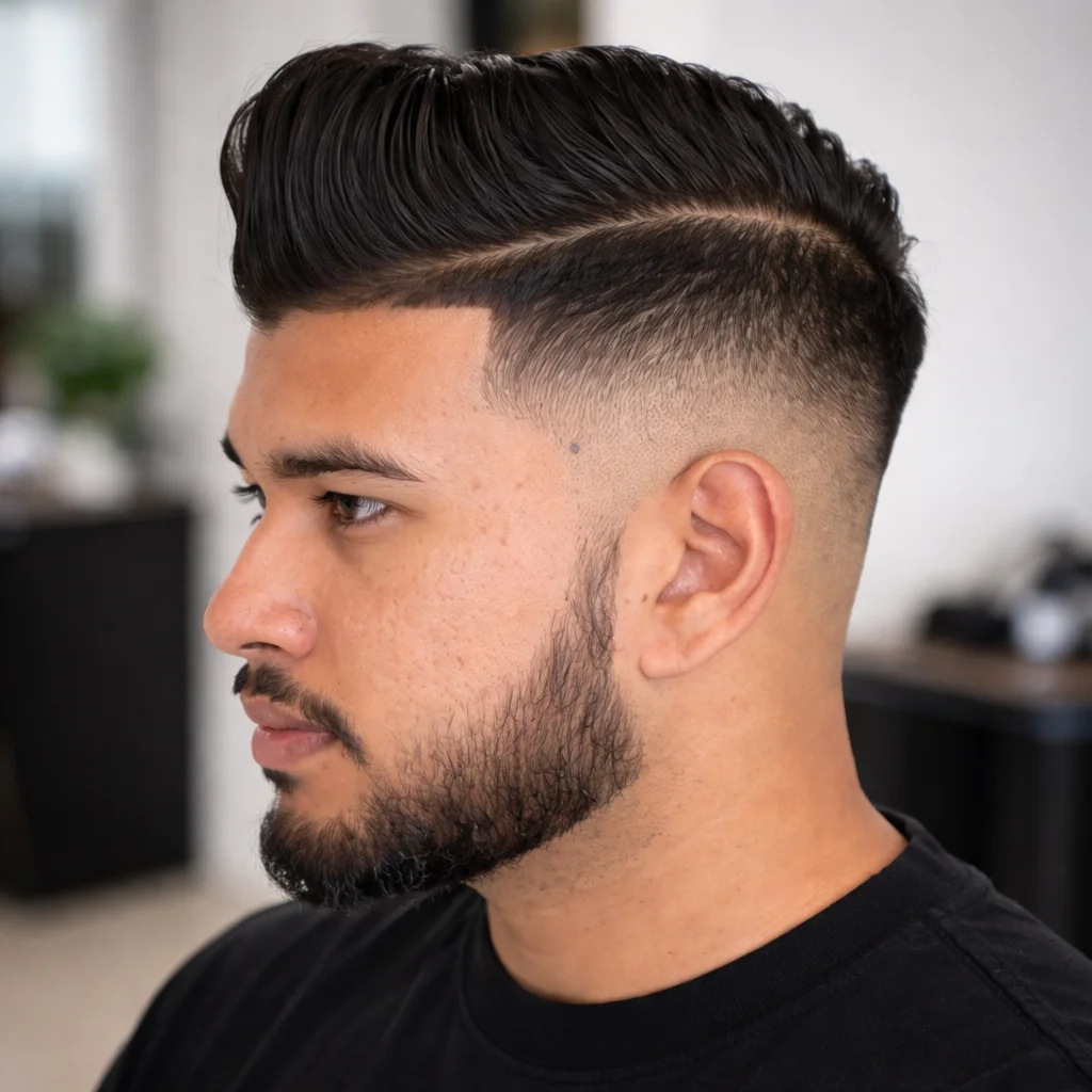 Pandangan sisi seorang lelaki dengan gaya rambut slick back pompadour, skin fade yang tajam, garisan hard part, dan janggut kemas, menampilkan potongan fade moden yang bergaya dengan latar barbershop yang kabur dan halus.