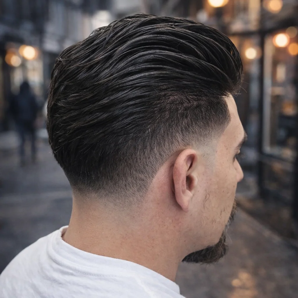 Pandangan sisi dan belakang seorang lelaki dengan potongan rambut mid fade yang kemas serta rambut bahagian atas disikat ke belakang (slicked back), digayakan rapi dalam suasana barbershop profesional.