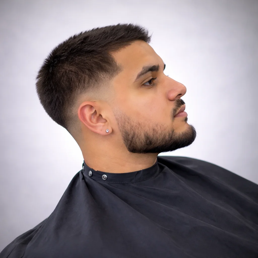 Pandangan sisi seorang lelaki dengan potongan rambut low fade yang kemas dan janggut yang dipotong rapi, duduk di kerusi barbershop.