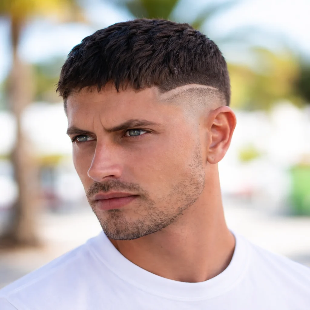 Potongan rambut low fade dengan bahagian atas pendek bertekstur crop dan reka bentuk line yang tajam, gaya rambut lelaki moden dengan sisi fade yang kemas serta latar belakang luar yang semula jadi.