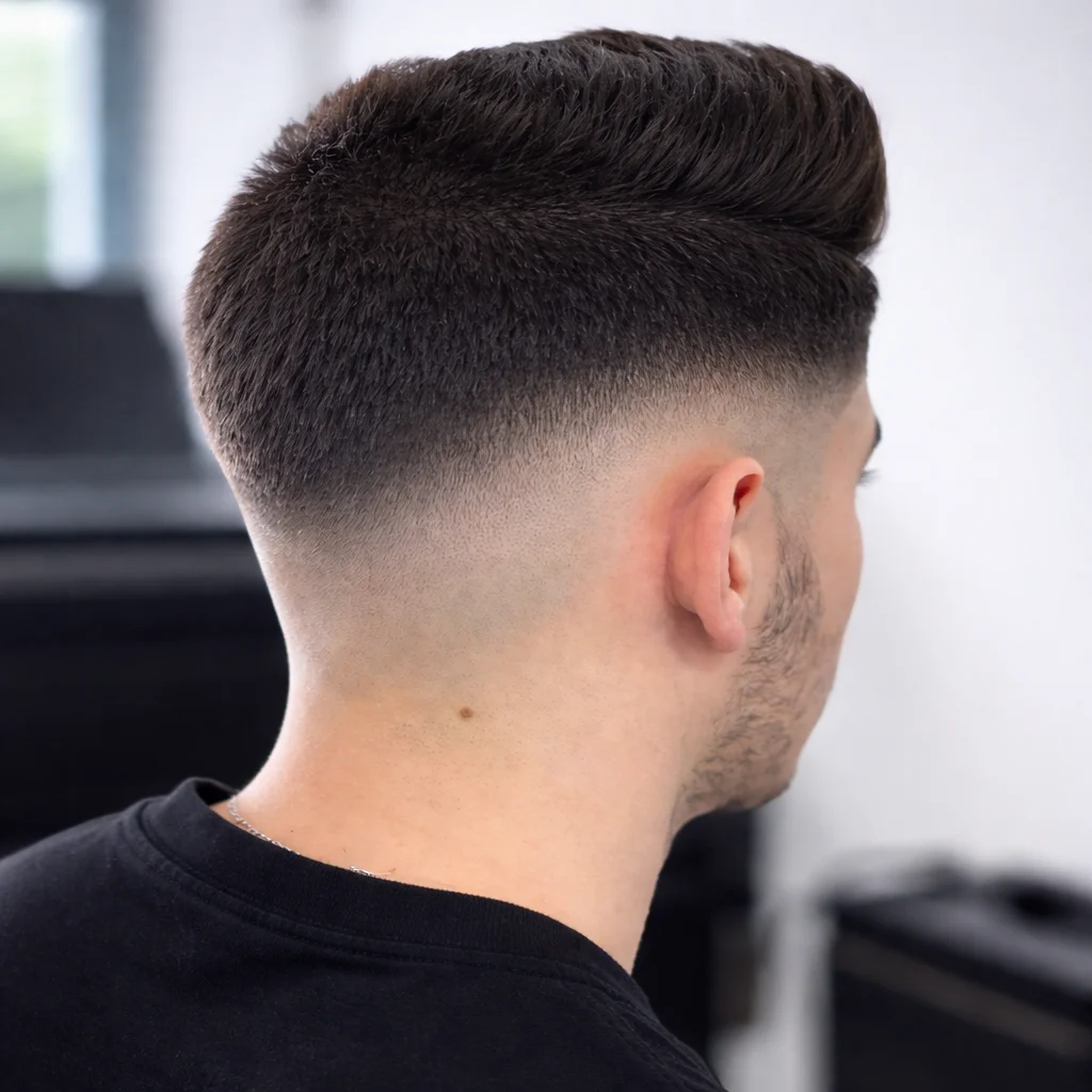 Pandangan belakang seorang lelaki dengan potongan rambut low skin fade yang kemas, blend taper yang halus, bahagian atas bertekstur, dan garis leher yang tajam, menampilkan gaya rambut fade lelaki moden dengan latar dalam ruangan yang lembut.