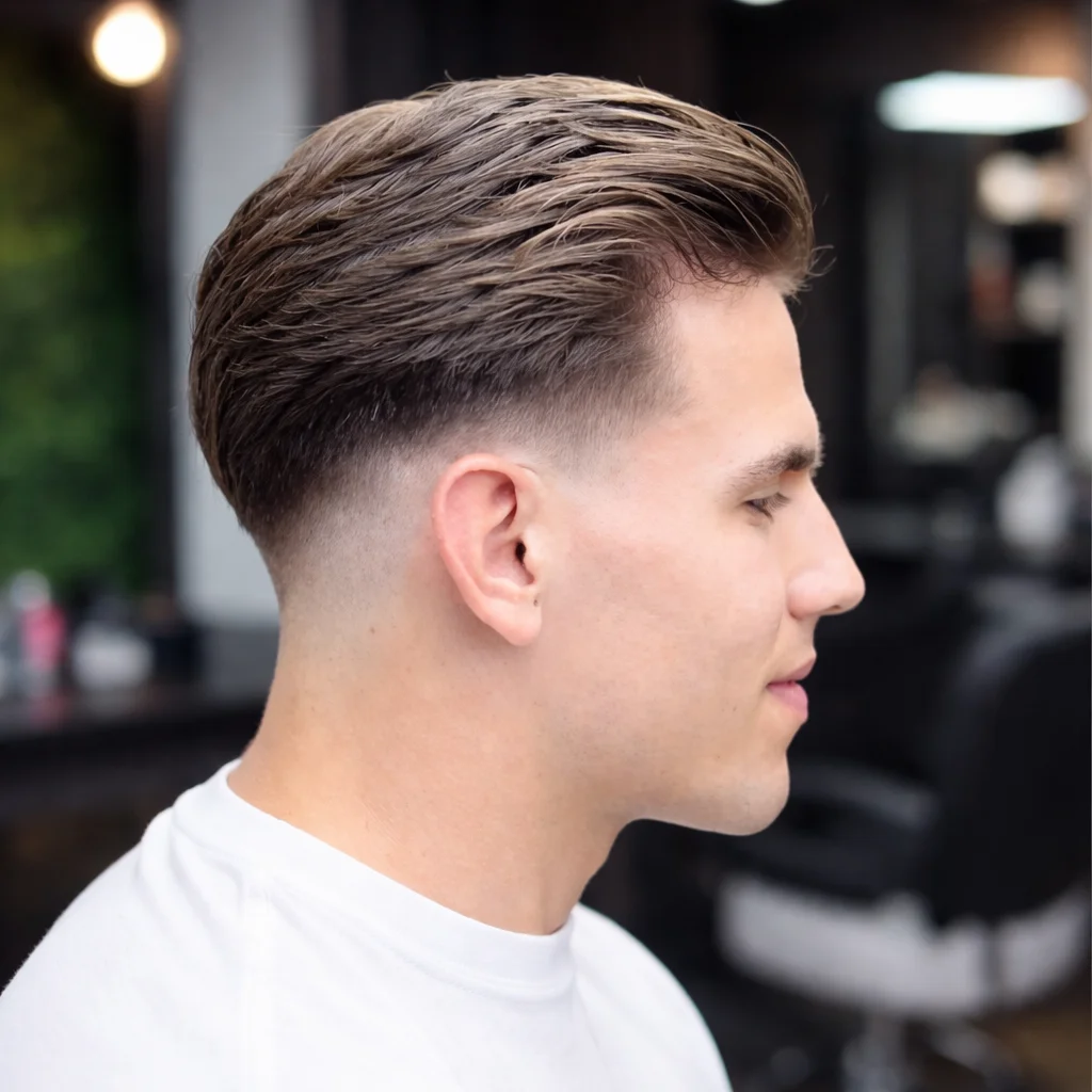 Potongan rambut low fade dengan gaya slicked-back untuk lelaki, sisi skin fade yang kemas dan bahagian atas bertekstur dalam gaya barbershop moden.