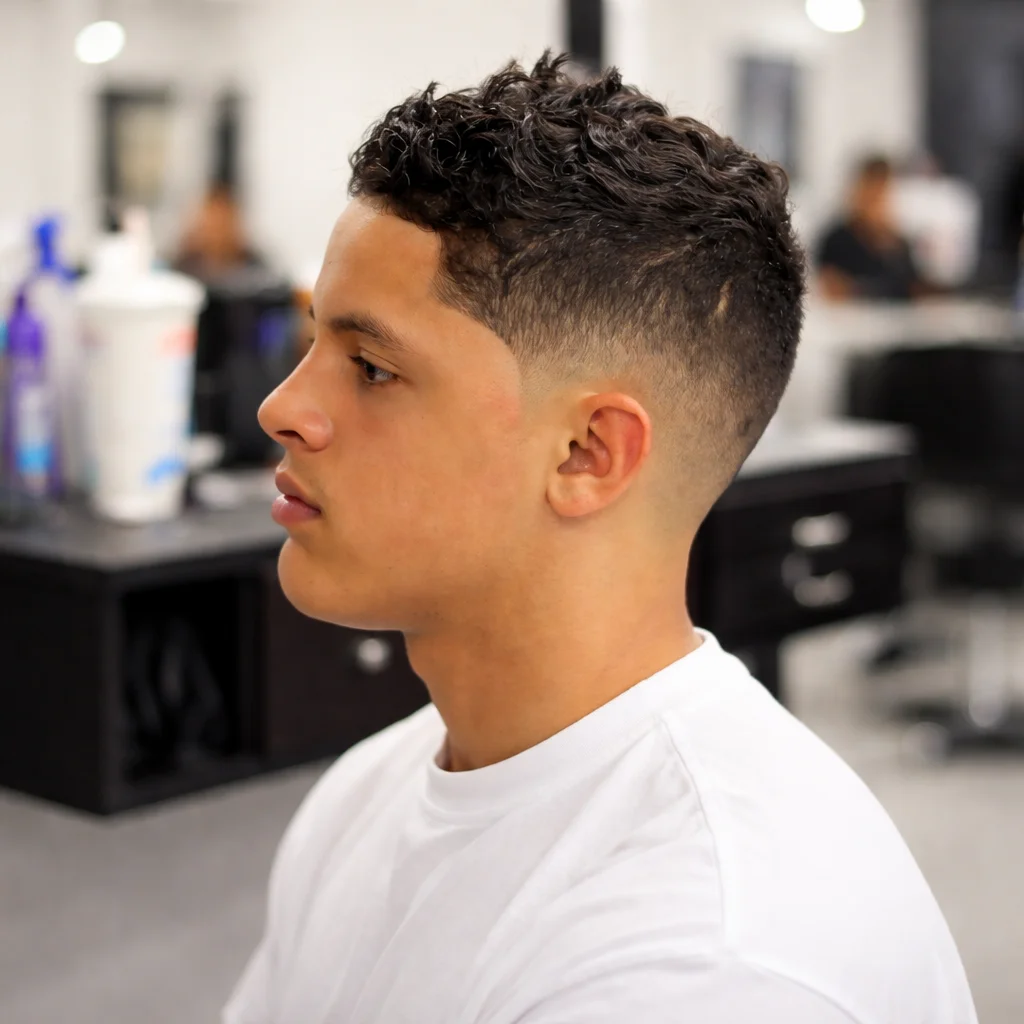 Potongan rambut curly low fade dengan bahagian atas bertekstur dan sisi skin fade yang kemas, gaya rambut lelaki moden dalam suasana barbershop.