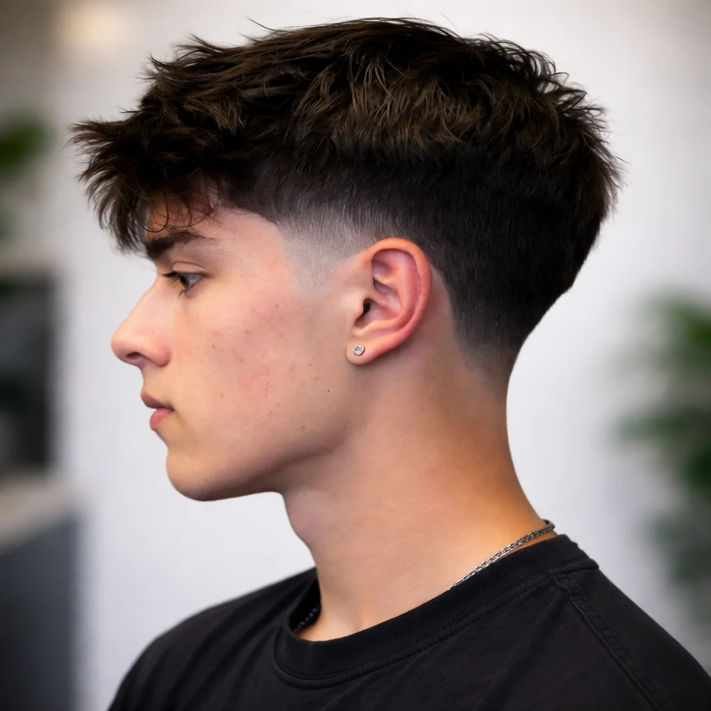 Potongan rambut low taper fade pada seorang lelaki muda dengan bahagian atas bertekstur yang sedikit berserabut dan sisi yang dikemaskan dengan kemas, gaya rambut lelaki moden yang bergaya dengan latar belakang kabur lembut.