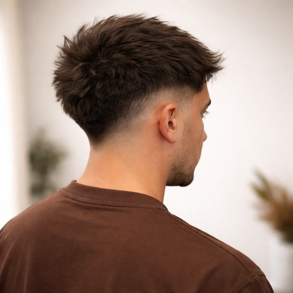 Potongan rambut textured messy fade untuk lelaki dengan low skin fade yang kemas di bahagian belakang, gaya rambut moden yang bergaya.