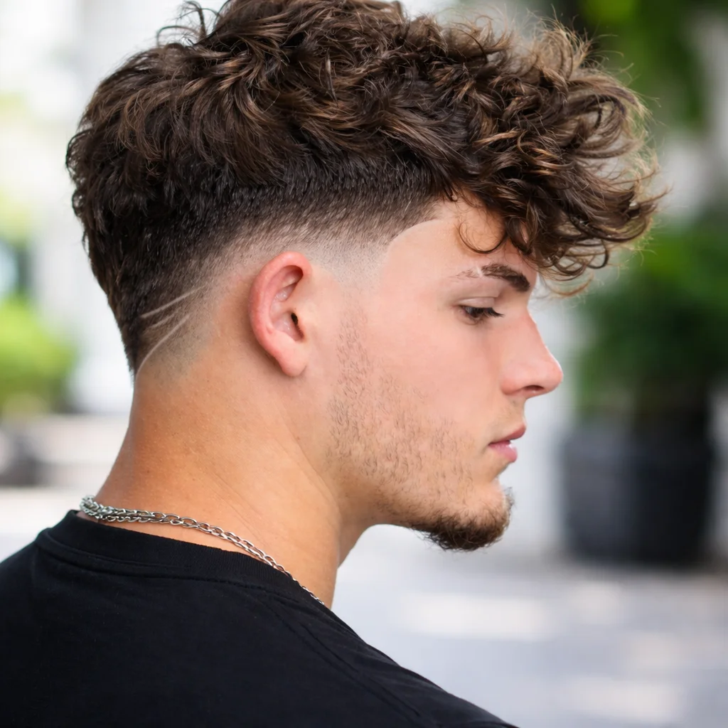 Potongan rambut low fade kerinting untuk lelaki dengan keriting bertekstur di bahagian atas dan sisi fade yang kemas, gaya rambut lelaki moden yang bergaya dengan detail garisan yang tajam.
