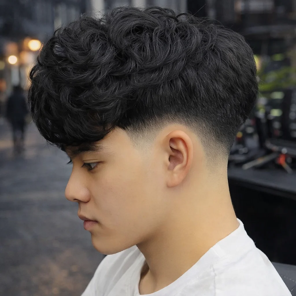 Pandangan sisi seorang lelaki muda dengan potongan rambut low fade bergaya dan rambut kerinting tebal di bahagian atas, diblend dengan kemas untuk penampilan moden dan trendy dalam suasana barbershop.
