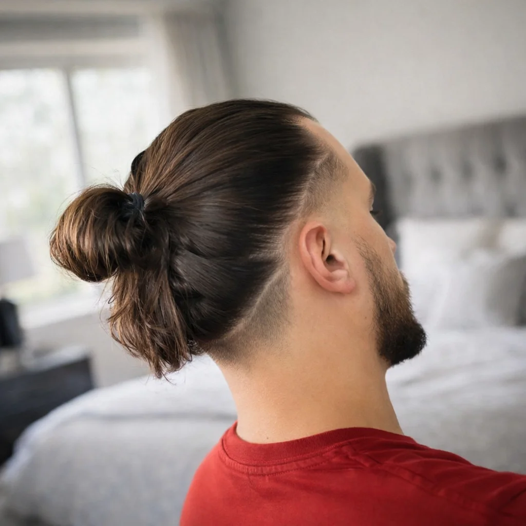 Potongan rambut fade yang kemas dengan sanggul lelaki (man bun) yang rapi, dilihat dari belakang dan sisi, menampilkan taper yang tajam serta rambut yang terurus dalam suasana dalaman moden.