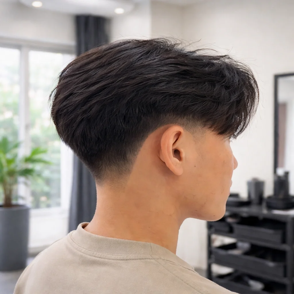 Pandangan sisi seorang lelaki dengan potongan rambut low fade, bahagian atas bertekstur, menampilkan skin taper yang halus dan gaya rambut lelaki moden yang bergaya dalam suasana barbershop yang kemas.