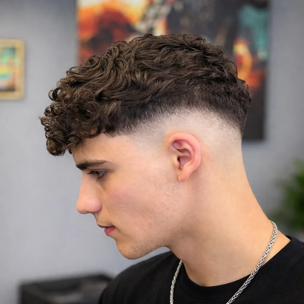 Potongan rambut curly top fade dengan low skin fade dan tekstur alami, tampilan profil samping di suasana barbershop yang stylish.
