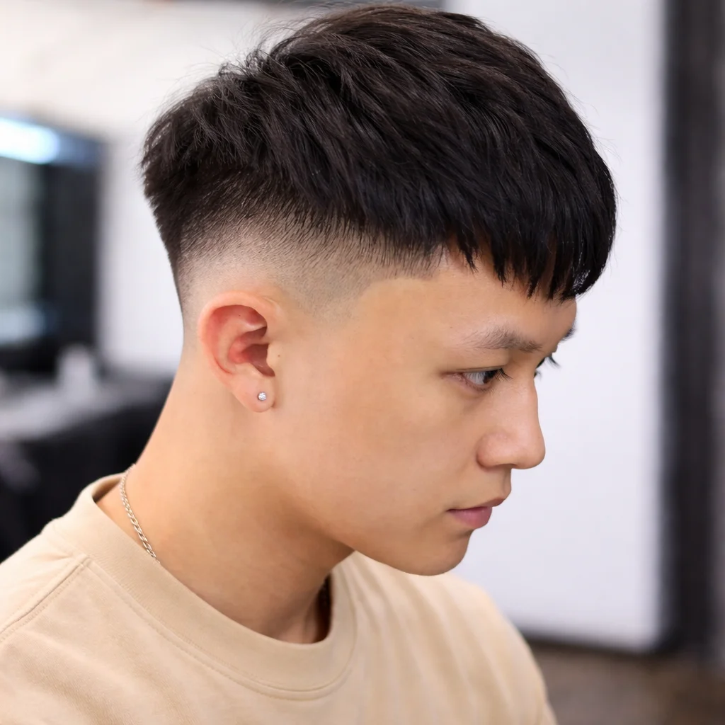 Potongan rambut low skin fade untuk lelaki dengan bahagian atas lurus bertekstur, sisi yang dicukur kemas, dan taper yang tajam dalam gaya barbershop moden.