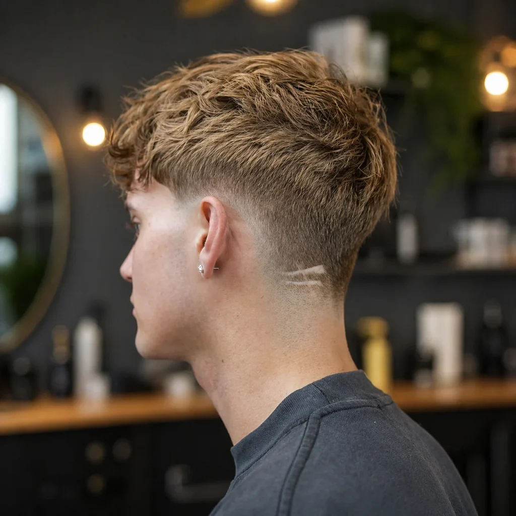 Potongan rambut low skin fade dengan bagian atas bergelombang bertekstur dan detail desain cukuran di bagian belakang, tampilan samping di dalam barbershop modern, gaya fade trendi untuk pria.