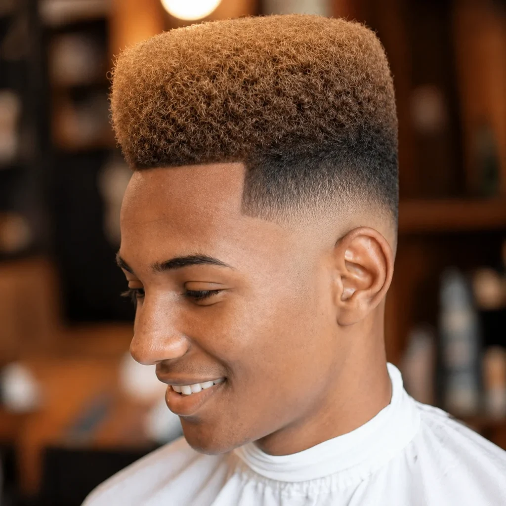 Potongan rambut flat top dengan low skin fade dan lineup yang tajam, tampilan profil samping seorang pria yang tersenyum di barbershop, inspirasi gaya rambut fade yang bersih dan stylish untuk pria modern.