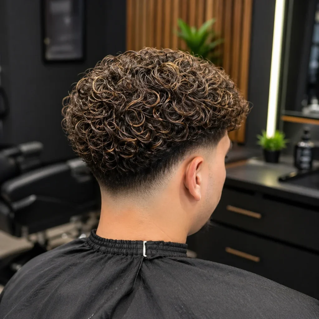 Tampilan belakang seorang pria muda dengan bagian atas keriting bertekstur dan low fade yang rapi, duduk di barbershop modern dengan interior bergaya yang sedikit blur.