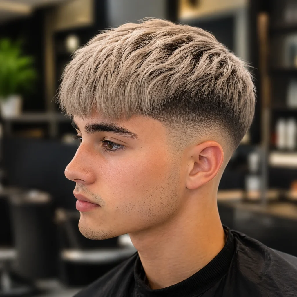 Tampilan profil samping seorang pria muda dengan poni pendek bertekstur dan low fade yang rapi, menampilkan skin blend yang halus serta tampilan natural dengan latar belakang lembut yang blur.