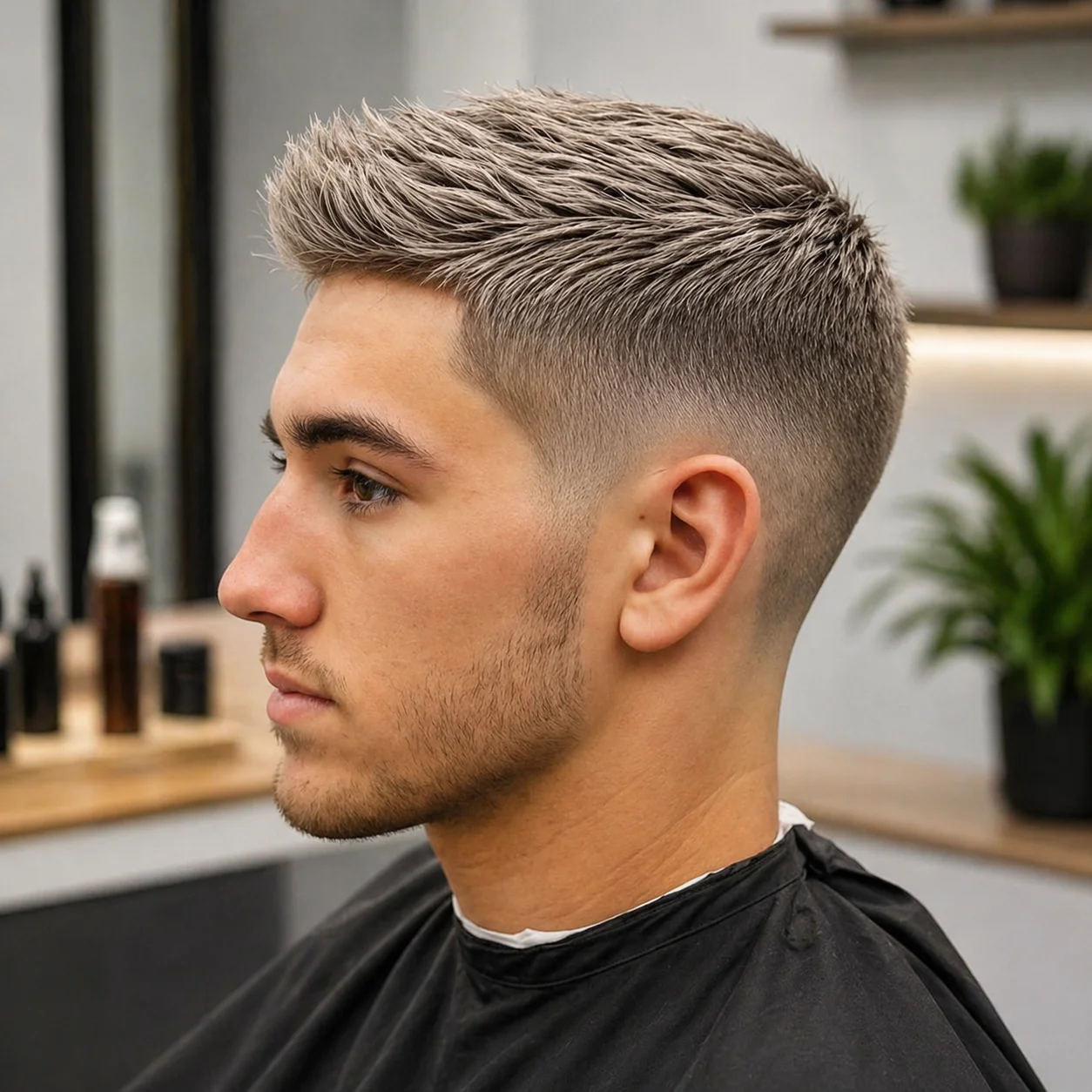 Potongan rambut mid fade trendi dengan bagian atas bertekstur dan blending yang halus, gaya barber modern pria tampilan samping.