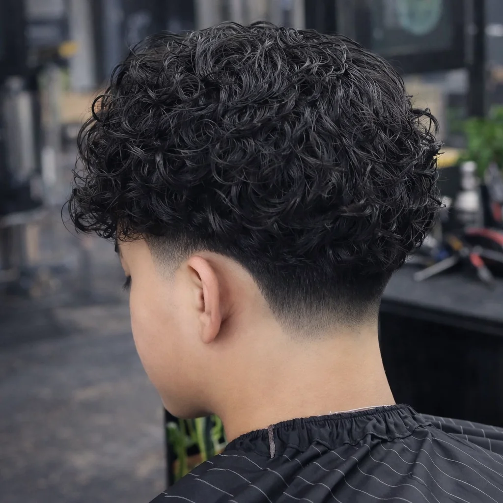 Pandangan belakang dan sisi seorang lelaki muda dengan potongan rambut low skin fade dan rambut kerinting yang jelas di bahagian atas, diblend dengan kemas untuk gaya barbershop moden yang tajam.