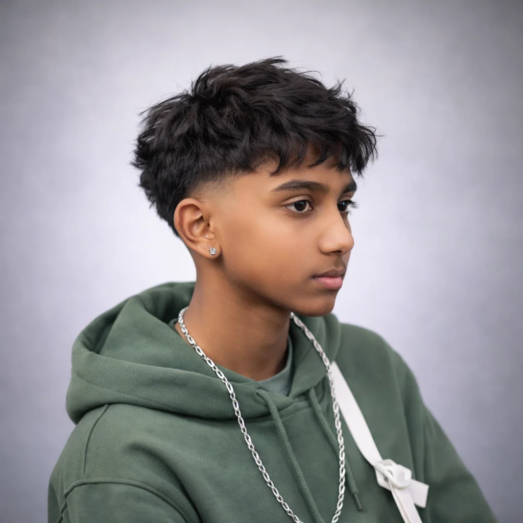 Potret sisi seorang lelaki muda dengan potongan rambut low fade yang kemas dan bahagian atas bertekstur sedikit berserabut, memakai hoodie.