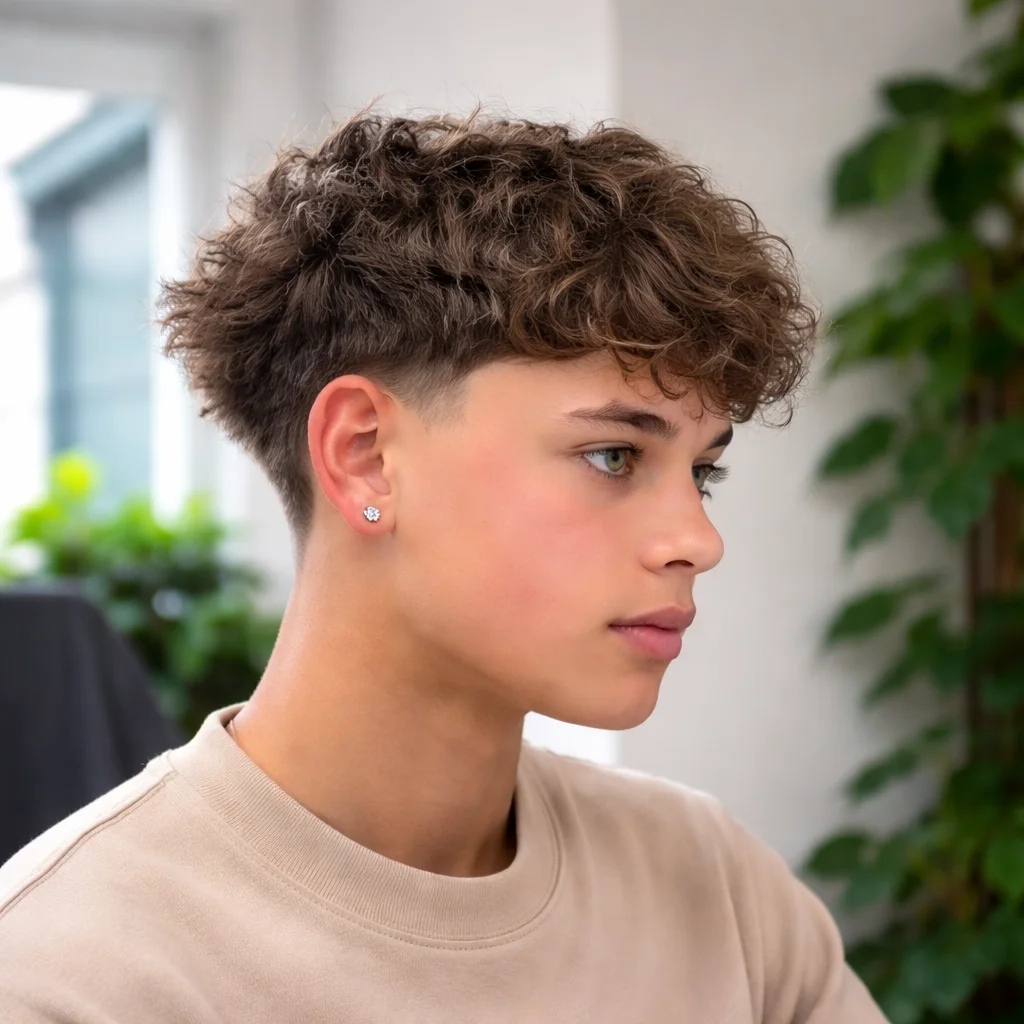 Potongan rambut low taper fade dengan fringe kerinting bertekstur, menampilkan sisi fade yang kemas dan rambut beralun yang bervolum di bahagian atas, menghasilkan penampilan moden dan bergaya untuk lelaki muda.